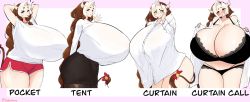Rule 34 | 1girl, animal ears, bell, black bra, blush, bra, braid, braided ponytail, breasts, brown eyes, cow ears, cow girl, cow horns, cow tail, curtain call challenge (meme), gigantic breasts, highres, horns, leche (ushijidraws), leggings, meme, mole, mole on breast, multicolored hair, naked shirt, office lady, original, oversized clothes, ribbon, shirt, short shorts, shorts, tail, thighs, two-tone hair, underwear, ushijidraws, white shirt