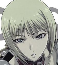 Rule 34 | 00s, 1girl, blonde hair, clare (claymore), claymore (series), close-up, eyebrows, grey eyes, jpeg artifacts, looking at viewer, lowres, nose, parted lips, short hair, solo, takapiko