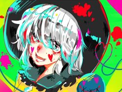 Rule 34 | black hat, blood, blood on clothes, blood splatter, blue eyes, blush, buttons, collar, collared shirt, commentary, diamond button, facial mark, frilled shirt collar, frills, green background, green collar, grey hair, hat, heart, heart of string, heart on cheek, komeiji koishi, lower teeth only, nose blush, open mouth, shirt, short hair, smile, solo, suzune hapinesu, teeth, third eye, touhou, upper body, yellow shirt