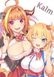 Rule 34 | 2girls, ahoge, akai haato, akai haato (1st costume), blonde hair, blue eyes, blunt bangs, blush, bow, breasts, chain, chain necklace, cleavage, cleavage cutout, clothing cutout, commentary request, diagonal-striped bow, dragon girl, dragon horns, dragon tail, fang, hair ornament, hair ribbon, heart, heart hair ornament, highres, hololive, horns, jewelry, kiryu coco, kiryu coco (1st costume), large breasts, long hair, looking at viewer, multicolored hair, multiple girls, necklace, one eye closed, one side up, open mouth, orange hair, pointy ears, purple eyes, red ribbon, red skirt, ribbon, simple background, skin fang, skirt, smile, streaked hair, tail, v, virtual youtuber, white background, zeolch