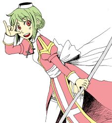 Rule 34 | 1girl, :d, \m/, back bow, biretta, bow, breasts, commentary request, cowboy shot, cross, cross necklace, dress, flat color, garter straps, green hair, hair bun, high priest (ragnarok online), holding, holding staff, jewelry, juliet sleeves, leaning forward, long sleeves, looking at viewer, medium bangs, necklace, open mouth, puffy sleeves, ragnarok online, red dress, red eyes, sash, short hair, simple background, single hair bun, small breasts, smile, solo, staff, teeth, thighhighs, two-tone dress, umaruzo, upper teeth only, waist bow, white background, white bow, white dress, white sash, white thighhighs