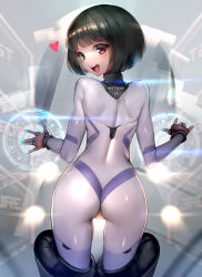 Rule 34 | 1girl, absurdres, appleseed, ass, back, black hair, blue nails, blunt bangs, blush, bodysuit, butt crack, character name, cowboy shot, duplicate, fingerless gloves, floating screen, from behind, gloves, glowing, heart, highres, hitomi (appleseed), hitowa, hologram, legs apart, lens flare, looking back, nail polish, open \m/, red eyes, short hair, skin tight, solo, teeth, turtleneck