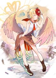 Rule 34 | 1girl, ;), bird, blonde hair, blush, boots, breasts, chick, clothes lift, commentary, dress, feathered wings, feathers, lifting own clothes, multicolored hair, nest, niwatari kutaka, one eye closed, orange eyes, pixerite, red hair, short hair, skirt, skirt lift, sleeveless, sleeveless dress, small breasts, smile, touhou, two-tone hair, wings