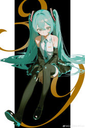 Rule 34 | 1girl, 39, absurdres, aqua hair, aqua necktie, arms between legs, bare shoulders, black footwear, black skirt, black sleeves, boots, closed mouth, collared shirt, detached sleeves, expressionless, full body, grey eyes, hair between eyes, hatsune miku, highres, knee up, long hair, looking at viewer, miku day, necktie, ryuuforkaf, shirt, sitting, skirt, solo, thigh boots, tie clip, twintails, v, very long hair, vocaloid, weibo watermark, white shirt