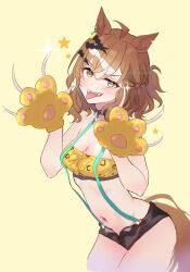 Rule 34 | 1girl, ahoge, alternate costume, animal ears, animal hands, animal print, bad id, bad twitter id, bare shoulders, black pants, braid, breasts, brown hair, choker, claw pose, claws, cowboy shot, cropped legs, fake claws, fangs, french braid, hair between eyes, highres, horse ears, horse girl, horse tail, jungle pocket (umamusume), leopard print, looking at viewer, mmm (mmm623), navel, notched ear, pants, simple background, small breasts, solo, sparkle, star (symbol), strap, tail, twitter username, umamusume, yellow eyes