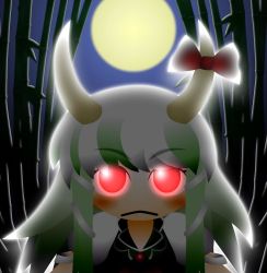 Rule 34 | bamboo, bamboo forest, ex-keine, forest, full moon, glowing, glowing eyes, green hair, horns, kamishirasawa keine, kouki ht, looking at viewer, moon, nature, red eyes, touhou