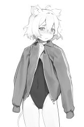 Rule 34 | 1girl, @ @, absurdres, ahoge, animal ear fluff, animal ears, blush, covered navel, cowboy shot, embarrassed, flying, frown, gluteal fold, greyscale, groin, hair between eyes, highres, jacket, jacket on shoulders, looking at viewer, monochrome, mouse ears, mouse girl, mouse tail, nose blush, one-piece swimsuit, original, perl (vertigris), raised eyebrows, short hair, solo, swimsuit, tail, vertigris