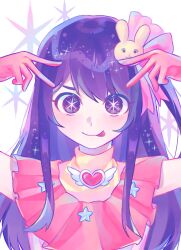Rule 34 | 1girl, commentary request, eyebrows hidden by hair, gloves, hair ornament, heart, highres, hoshino ai (oshi no ko), iro (mywife sunny), korean commentary, long hair, looking at viewer, one side up, oshi no ko, pink gloves, pink shirt, purple eyes, purple hair, rabbit hair ornament, shirt, smile, solo, sparkling eyes, star (symbol), tongue, tongue out