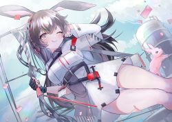 Rule 34 | 1girl, animal ears, april (arknights), arknights, bare legs, belt, black hair, blue sky, blush, bow (weapon), breasts, brown hair, rabbit, rabbit ears, closed mouth, cloud, cloudy sky, commentary, compound bow, confetti, day, dress, eyelashes, holding, holding bow (weapon), holding weapon, long hair, looking at viewer, medium breasts, multicolored hair, name tag, one eye closed, outdoors, romaji commentary, seia (tikxxx), sky, smile, solo, streaked hair, thighs, tongue, tongue out, two-tone hair, weapon, white dress, yellow eyes