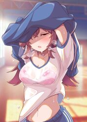 Rule 34 | 1girl, absurdres, arms up, blue pants, blue sweater, blurry, blurry background, blush, bra, bra visible through clothes, breasts, breath, cleavage, closed eyes, clothes lift, collarbone, commentary, day, ginmugi, hair between eyes, highres, idolmaster, idolmaster shiny colors, indoors, jersey, komiya kaho, lace, lace bra, long hair, medium breasts, navel, pants, parted lips, pink bra, red hair, see-through, shirt, shirt lift, short sleeves, sidelocks, solo, sparkle, steam, stomach, sunlight, sweat, sweater, unworn sweater, nervous sweating, t-shirt, underwear, upper body, wet, wet clothes, wet shirt, white shirt, window