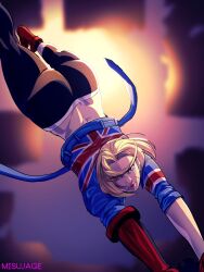 Rule 34 | 1girl, ass, blonde hair, cammy white, crop top, cropped jacket, dusk, from behind, highres, jacket, lips, misujage, pants, scar, scar on face, short hair, street fighter, street fighter 6, sunlight, union jack, upside-down