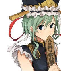 Rule 34 | 1girl, adapted costume, blue eyes, colorized, green hair, hat, hat ribbon, jpeg artifacts, looking at viewer, ribbon, rod of remorse, shiki eiki, short hair, simple background, sketch, sleeveless, solo, touhou, turtleneck, tyatya (tyatya333), upper body, white background