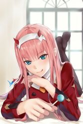 Rule 34 | 1girl, artist name, asurada yui, black pantyhose, candy, commentary request, darling in the franxx, food, green eyes, hairband, holding, holding candy, holding food, holding lollipop, horns, indoors, lollipop, long hair, long sleeves, looking at viewer, lying, on stomach, pantyhose, pink hair, red horns, solo, tongue, tongue out, zero two (darling in the franxx)