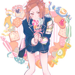 Rule 34 | 10s, 1boy, 2016, artist name, bag, candy, candy wrapper, cookie, emblem, food, hair ornament, hairclip, heart, heart-shaped food, holding, houchou toushirou, ikuhiro (19nnnkti16), leaning forward, lollipop, male focus, military, military uniform, satchel, shorts, solo, spoken heart, swirl lollipop, touken ranbu, uniform