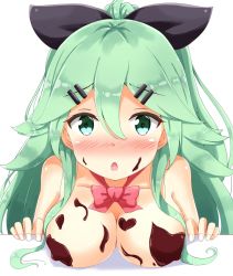 Rule 34 | 1girl, :o, aikawa ryou, aqua eyes, blush, bow, bowtie, breast rest, breasts, chocolate, chocolate on body, chocolate on breasts, chocolate on face, commentary request, covered erect nipples, food, food on body, food on face, green hair, hair between eyes, hair ornament, hair ribbon, hairclip, highres, kantai collection, long hair, looking at viewer, medium breasts, nose blush, ribbon, solo, upper body, yamakaze (kancolle)