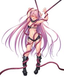 Rule 34 | 1girl, bdsm, bondage, boots, bound, grabbing another&#039;s breast, breasts, chain, collar, creature, curvy, felicia (taimanin kurenai), female focus, full body, gluteal fold, grabbing, highres, lilith-soft, long hair, looking at viewer, moaning, naughty face, navel, nipples, partially visible vulva, pink hair, puffy nipples, red eyes, shiny skin, short shorts, shorts, simple background, small breasts, smile, solo, sweat, taimanin (series), taimanin asagi kessen arena, taimanin kurenai, tentacles, two side up, very long hair, weapon, white background, zol