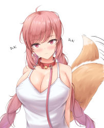 Rule 34 | 1girl, :3, ahoge, animal ears, bare shoulders, blush, braid, breasts, cleavage, collar, collarbone, fox ears, fox girl, fox tail, highres, large breasts, last origin, lazb., leash, long hair, looking at viewer, miho (last origin), pink hair, shirt, sleeveless, solo, sweat, tail, tail wagging, tank top, white background, white shirt
