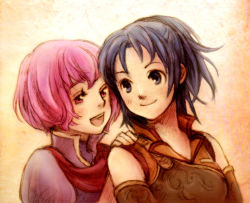 Rule 34 | 2girls, bare shoulders, blue eyes, blue hair, fire emblem, fire emblem: new mystery of the emblem, graphite (medium), hand on another&#039;s shoulder, katarina (fire emblem), kris (fire emblem), looking back, mixed media, multiple girls, nintendo, open mouth, ponytail, purple hair, rio-sout, scarf, smile, traditional media