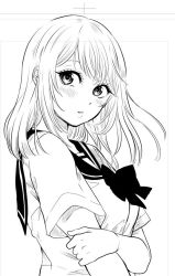 Rule 34 | 1girl, blush, commentary request, greyscale, holding own arm, long hair, looking at viewer, looking to the side, monochrome, nikaidou kou, parted lips, ribbon, sailor collar, school uniform, serafuku, shirt, short sleeves, simple background, solo, upper body, white background