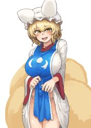 Rule 34 | 1girl, animal ears, animal hat, blonde hair, blush, breasts, chanta (ayatakaoisii), clothes lift, commentary request, cowboy shot, dress, dress lift, extra ears, fox ears, fox tail, hat, highres, huge breasts, lifted by self, looking at viewer, mob cap, multiple tails, open mouth, panties, mob cap, plump, slit pupils, solo, standing, sweatdrop, tabard, tail, thick thighs, thighs, touhou, underwear, white dress, white panties, wide hips, wide sleeves, yakumo ran