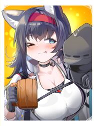 &gt;_o 1girl 1other ;p absurdres alcohol animal_ears arknights beer beer_mug black_choker black_gloves black_hair blaze_(arknights) blue_eyes blush breasts choker cleavage cup doctor_(arknights) drink drunk gloves hairband hand_up highres holding holding_cup holding_drink jacket large_breasts long_hair looking_at_another mug one_eye_closed red_hairband scoop_neck shirt spam_(spamham4506) strap sweatdrop tongue tongue_out upper_body white_jacket white_shirt