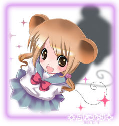 Rule 34 | 1girl, 2006, :d, animal ears, arms behind back, blush, bow, bowtie, brown eyes, brown hair, dated, hair bobbles, hair ornament, looking at viewer, mouse ears, mouse tail, open mouth, original, ribbon, school uniform, serafuku, shadow, skirt, smile, solo, sparkle, tail, twintails