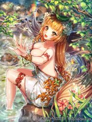 Rule 34 | 1girl, blonde hair, breasts, cleavage, day, flower, large breasts, long hair, looking at viewer, naked towel, open mouth, outdoors, pink flower, sila (carpen), sitting, soaking feet, solo, tenka touitsu chronicle, thighlet, towel, very long hair, yellow eyes