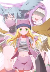 Rule 34 | 00s, 3girls, absurdres, blonde hair, blue eyes, blue hair, blush, butterfly wings, claws, collarbone, digimon, digimon (creature), digimon frontier, digivice, facial mark, fairimon, garter straps, green eyes, hat, head wings, highres, insect wings, long hair, looking at viewer, mask, midriff, multiple girls, multiple persona, navel, open mouth, orimoto izumi, pink skirt, planetariu, purple hair, scarf, shirt, short hair, shutumon, skirt, striped clothes, striped shirt, thighhighs, visor, wings
