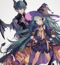 Rule 34 | 1boy, 1girl, alternate costume, ascot, black headwear, black skirt, blue eyes, blue hair, blunt bangs, bow, braid, byleth (fire emblem), byleth (male) (fire emblem), carrying, costume, demon horns, demon wings, dress, fire emblem, fire emblem: three houses, fire emblem heroes, green eyes, green hair, grey background, halloween, halloween costume, hand on own chest, hands on own hips, hat, holding, horns, long hair, looking at viewer, matching hair/eyes, multicolored hair, nintendo, official alternate costume, open mouth, orange dress, pointy ears, princess carry, puffy short sleeves, puffy sleeves, sash, short sleeves, simple background, skirt, smile, sothis (fire emblem), striped, tsukimura noe, twin braids, very long hair, wings, witch hat, wristband