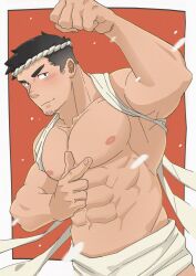 Rule 34 | 1boy, abs, amaimao, arm up, bara, bare pectorals, biceps, blush, clothes lift, cowboy shot, dutch angle, facial hair, goatee stubble, hachimaki, headband, highres, large pectorals, male focus, mature male, muscular, muscular male, navel, nipples, original, pectorals, pointing, pointing at viewer, shirt behind neck, shirt lift, short hair, sideburns, solo, stubble, thick eyebrows