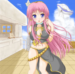 Rule 34 | 00s, 1girl, blue eyes, blush, breasts, cloud, food, ice cream, large breasts, long hair, looking at viewer, megurine luka, midriff, navel, outdoors, pink hair, qy73, sky, solo, standing, tongue, tongue out, vocaloid