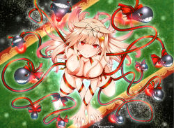 Rule 34 | 1girl, baileys (tranquillity650), black ribbon, blonde hair, blurry, blurry background, blush, breasts, christmas, floating hair, gradient hair, hair flaps, hair ornament, hair ribbon, hairclip, highres, kantai collection, large breasts, light particles, long hair, looking at viewer, messy hair, multicolored hair, naked ribbon, red eyes, ribbon, sidelocks, signature, skindentation, smile, solo, torpedo, twitter username, yuudachi (kancolle), yuudachi kai ni (kancolle)