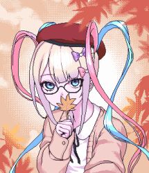 Rule 34 | 1girl, autumn leaves, beret, blue eyes, blue hair, chouzetsusaikawa tenshi-chan, covered mouth, eencya, glasses, hat, jacket, long hair, long sleeves, looking at viewer, multicolored hair, needy girl overdose, official art, pink hair, pixel art, quad tails, second-party source, shirt, solo, twintails, white shirt