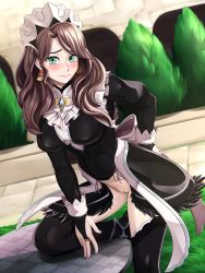 Rule 34 | 1girl, absurdres, alternate costume, apron, breasts, bridal gauntlets, brown hair, dorothea arnault, earrings, enmaided, fire emblem, fire emblem: three houses, fire emblem fates, green eyes, hand on own hip, highres, jewelry, large breasts, long hair, maid, maid headdress, nintendo, pussy, table, thighhighs, tree, vilde loh hocen