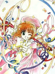 Rule 34 | 1990s (style), 1girl, :d, brown hair, cardcaptor sakura, clamp, fuuin no tsue, green eyes, kinomoto sakura, looking at viewer, one eye closed, open mouth, retro artstyle, ribbon, short hair, simple background, smile, solo, white background, wink