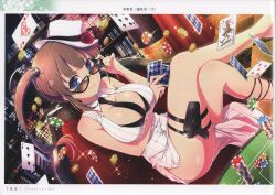 Rule 34 | 1girl, absurdres, bare shoulders, blue eyes, breasts, brown hair, card, crossed legs, hat, highres, holding, holster, indoors, large breasts, long hair, looking at viewer, necktie, official art, page number, scan, senran kagura, senran kagura new link, shiny skin, simple background, sitting, sleeveless, smile, solo, sunglasses, thigh holster, thighs, twintails, white hat, yaegashi nan