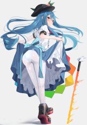 Rule 34 | 1girl, absurdres, ankle boots, ass, bad anatomy, bad face, black footwear, black hat, blue hair, blue skirt, blush, boots, closed mouth, clothes lift, fruit hat ornament, full body, hat, hat ornament, highres, hinanawi tenshi, lifted by self, long hair, pantyhose, peach hat ornament, puffy short sleeves, puffy sleeves, red eyes, shirt, short sleeves, simple background, skirt, skirt lift, smile, solo, sword, sword of hisou, touhou, tsune (tune), weapon, white background, white pantyhose, white shirt