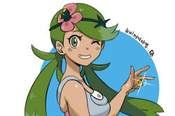 Rule 34 | 1girl, commentary, creatures (company), flower, from side, game freak, gigobyte350, green eyes, green hair, grey overalls, grin, hair flower, hair ornament, hand up, korean text, long hair, looking to the side, mallow (pokemon), nintendo, one eye closed, overalls, pink flower, pink shirt, pokemon, pokemon sm, shirt, smile, solo, teeth, twintails, upper body, w