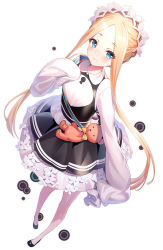 Rule 34 | 1girl, abigail williams (fate), abigail williams (festival outfit) (fate), black dress, blonde hair, blue eyes, blush, breasts, closed mouth, commentary request, dress, fate/grand order, fate (series), forehead, highres, long hair, long sleeves, looking at viewer, maid headdress, official alternate costume, parted bangs, ririko (zhuoyandesailaer), simple background, skirt, sleeves past fingers, sleeves past wrists, solo, stuffed animal, stuffed toy, teddy bear, white background, white skirt