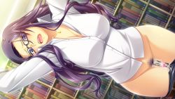 Rule 34 | 1girl, aftersex, ail soft, arms up, blue eyes, blush, book, breasts, censored, cleavage, clothes pull, cum, cum in pussy, cum on body, cum on lower body, cumdrip, female pubic hair, fukushuu no honoo wa ingoku no yami ni moe, game cg, glasses, indoors, large breasts, legs, library, long hair, looking at viewer, open mouth, panties, pants, pants pull, panty pull, pubic hair, purple hair, ribahara aki, sex toy, solo, standing, thighs, underwear, vibrator