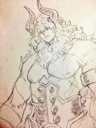 Rule 34 | 1boy, asterios (fate), bare shoulders, black sclera, colored sclera, fate/grand order, fate (series), graphite (medium), highres, horns, kanemaki thomas, long hair, looking at viewer, male focus, muscular, solo, traditional media, upper body, very long hair