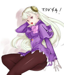 Rule 34 | 1girl, ass, breasts, brown pantyhose, capcom fighting jam, capelet, dress, fang, gloves, hairpods, highres, ingrid (capcom), long hair, looking at viewer, medium breasts, open mouth, panties, panties under pantyhose, pantyhose, project x zone 2, purple dress, purple eyes, silver hair, solo, tetsu (kimuchi), underwear, white gloves