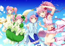 Rule 34 | 4girls, amulet clover, amulet dia, amulet heart, amulet spade, blue background, female focus, gradient background, hinamori amu, multiple girls, multiple persona, pink hair, shugo chara!, striped clothes, striped thighhighs, thighhighs, unya, yellow eyes
