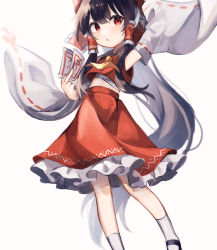 Rule 34 | 1girl, arm up, armpits, ascot, black hair, blush, bow, chicachang, detached sleeves, frills, full body, grey background, hair bow, hair tubes, hakurei reimu, highres, holding, long hair, long sleeves, looking at viewer, mary janes, ofuda, petticoat, red bow, red eyes, red skirt, ribbon-trimmed sleeves, ribbon trim, shoes, skirt, skirt set, socks, solo, standing, touhou, white socks, wide sleeves