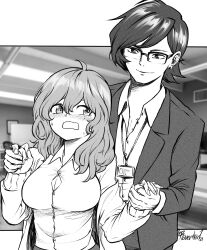 Rule 34 | 1boy, 1girl, absurdres, bishounen, blush, borrowed character, breasts, bursting breasts, cleavage, commentary, earrings, english commentary, eyebrows hidden by hair, greyscale, hair between eyes, hand grab, hetero, highres, id card, jacket, jewelry, lanyard, large breasts, monochrome, off shoulder, office lady, olverse, original, over-rim eyewear, partially unbuttoned, photo background, ravenhart, semi-rimless eyewear, signature, suit jacket, sweat, wavy hair