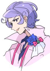 Rule 34 | 1boy, blue flower, blue rose, bow, bright pupils, buntatta, cropped torso, curly hair, earrings, flower, highres, jewelry, light purple hair, male focus, original, pink shirt, popped collar, purple eyes, rose, shirt, simple background, solo, stud earrings, tape measure, tsukurotte piature, white background