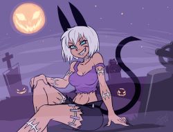 Rule 34 | 1girl, bob cut, cat girl, claws, cosplay, crop top, cutoffs, fangs, fingernails, fog, full moon, graveyard, grin, hand on own knee, jack-o&#039;-lantern, long fingernails, looking at viewer, moon, ms. fortune (skullgirls), night, off shoulder, pumpkin, rottytops, rottytops (cosplay), scar, semlgrim, shantae (series), short hair, skullgirls, smile, solo, stitches, tank top, tombstone, torn clothes, white hair