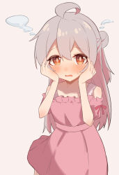 Rule 34 | 1girl, absurdres, ahoge, bare arms, bare shoulders, blush, brown eyes, commentary request, dress, embarrassed, grey background, grey hair, hair between eyes, half updo, hands on own cheeks, hands on own face, highres, long hair, looking at viewer, nekomotowata, off-shoulder dress, off shoulder, onii-chan wa oshimai!, open mouth, oyama mahiro, pink dress, simple background, solo, steam