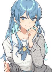 Rule 34 | 1girl, absurdres, blue eyes, blue hair, blue ribbon, blush, breasts, cardigan, closed mouth, commentary, earrings, eternaltanbo, grey cardigan, highres, hololive, hoshimachi suisei, hoshimachi suisei (school uniform), jewelry, light blue hair, long hair, looking at viewer, neck ribbon, off shoulder, official alternate costume, open cardigan, open clothes, ribbon, sailor collar, school uniform, serafuku, shirt, sidelocks, simple background, small breasts, smile, solo, upper body, virtual youtuber, white background, white serafuku, white shirt