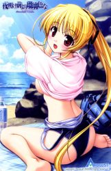 Rule 34 | 1girl, barefoot, beach, bekkankou, blonde hair, breasts, clothes lift, clothes pull, cynthia marguerite, day, from behind, hair ribbon, highres, long hair, looking back, no bra, one-piece swimsuit, one-piece swimsuit pull, outdoors, ponytail, red eyes, ribbon, shirt lift, sideboob, sitting, solo, swimsuit, undressing, very long hair, water, yoake mae yori ruri iro na
